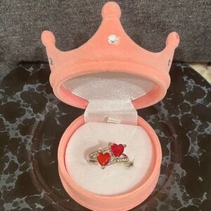 Red Heart Double-Stone Silver Ring Sz 6-8- &9
